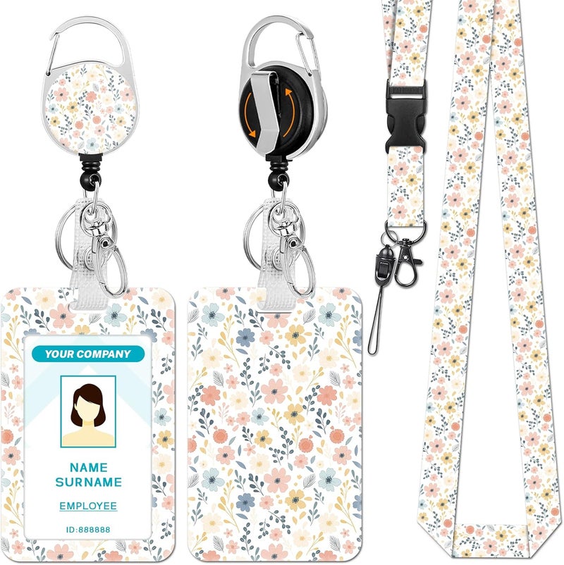 Hancynir Floral Flower Lanyards for Id Badges, Cute Badge Holder with Retractable Reel Clip, Work Name Tags Keychain Lanyard with ID Holder, Card Protector for Women Teacher Nurse Doctor Office Gifts - Image 1